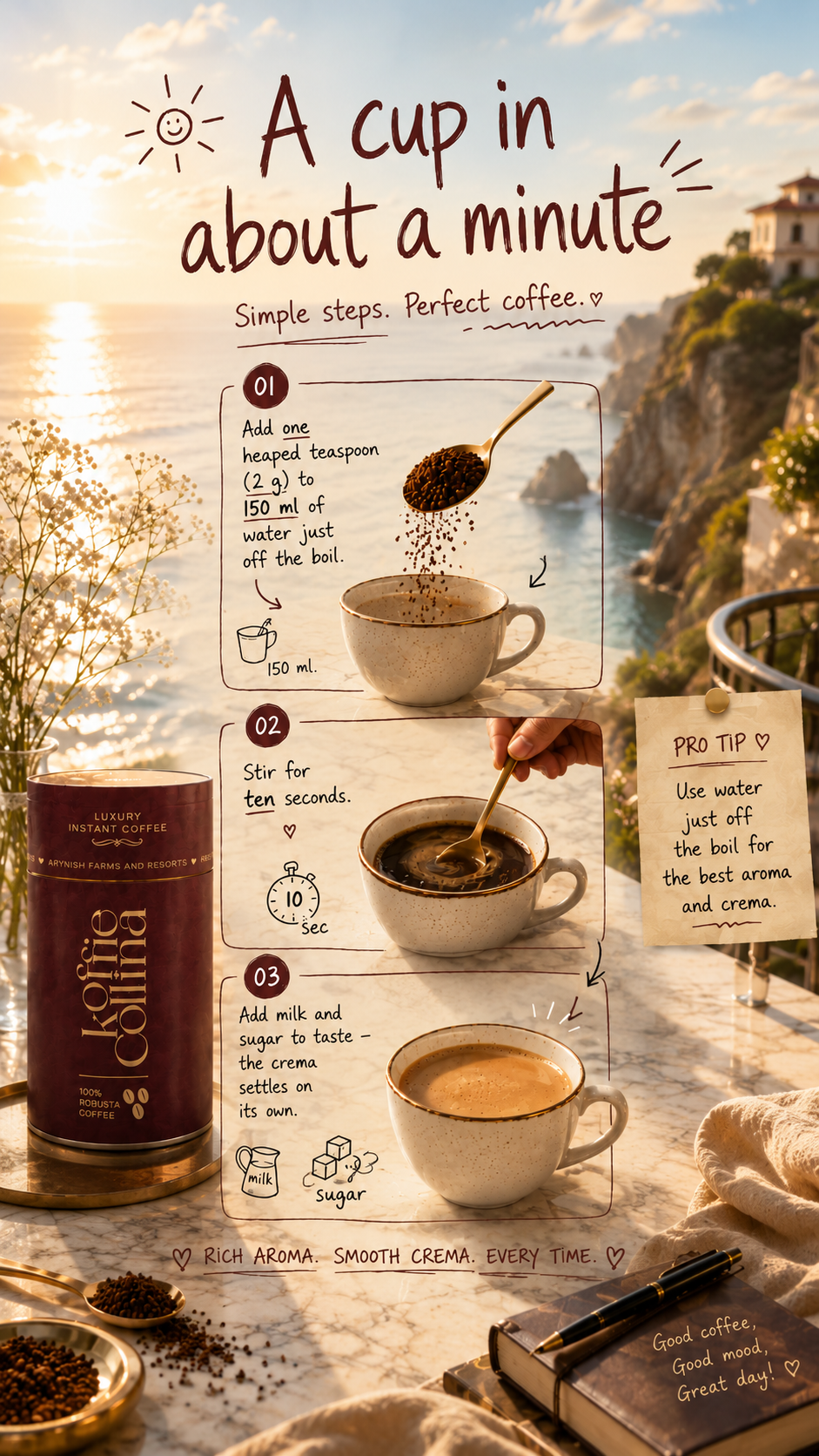 A cup in about a minute. One: add one heaped teaspoon (2 g) to 150 ml of water just off the boil. Two: stir for ten seconds. Three: add milk and sugar to taste — the crema settles on its own. Pro tip: use water just off the boil for the best aroma and crema.